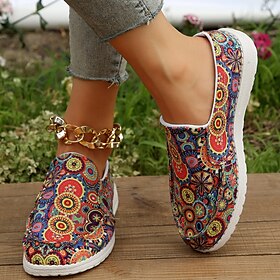 Women's Bohemian Slip-On Canvas Sneakers  Colorful Print Casual Walking Shoes for Travel  Daily Wear
