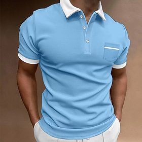 Men's Button Up Polos Polo Shirt Casual Holiday Lapel Short Sleeve Fashion Basic Color Block Button Pocket Summer Regular Fit Light Sky Blue White Red Navy Blu