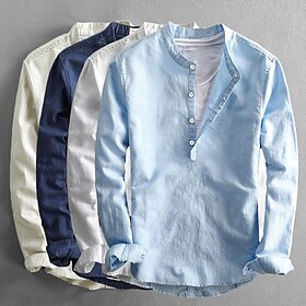 Men's Popover Shirt Casual Shirt Summer Shirt White Dark Blue Light Sky Blue Long Sleeve Plain Collar Spring  Summer Casual Daily Clothing