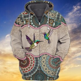 Hummingbirds Mandala Mens Graphic Hoodie Full Zip Jacket Brown Hooded Animal Tribal Prints Zipper Sports Outdoor Daily 3D Streetwear Designer Casual Hippie Gr