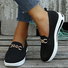 Women's Breathable Knit Slip-On Sneakers - Comfortable Casual Walking Shoes with Chain Detail