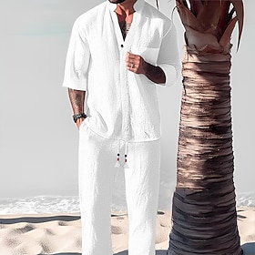 Herren 2 Stück Hemden-Set Sommer-Set Passende Sets Lässiges Hemd Schwarz Weiß Grau Leicht Blau Kurzarm Glatt Stehkragen Urlaub Täglich Vordertasche Bekleidung