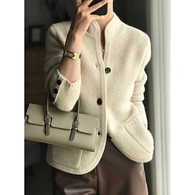 Women's Cardigan Sweater Stand Collar Waffle Knit Polyester Button Pocket Fall Winter Outdoor Daily Going Out Stylish Casual Soft Long Slee