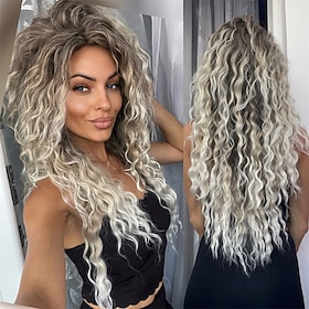 Carnival Gifts Ombre Ash Blonde Curly Wig Long Wavy Wigs for White Women Fluffy Synthetic Wig 80s Chrismas Carnival Party Wig Costume for Women Big Volume Brow