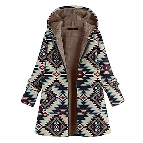 Women's Fleece Jacket Sherpa Jacket Teddy Coat Winter Coat Thermal Warm Heated Coat with Pockets Aztec Pattern Windproof Hooded Jacket Long Sleeve Yellow Blue