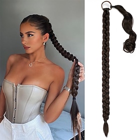 Braided Ponytail Extension FENTISAR 34Inch Dark Brown Ponytail Extension with Hair Tie Straight Wrap Around Hair Extensions Ponytail Natural Soft Synthetic Hai