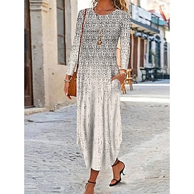 Women's Maxi Dress Ethnic Dress Print Dress SpringDress Vintage Ethnic Tribal Outdoor Vacation Daily Regular Fit Floral Tribal Long Sleeve Crew Neck White Yel