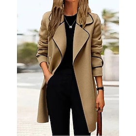 Women's Wool Blend Fall Long Pea Coat Fall Winter Maillard Lapel Collar Overcoat with Belt Thermal Warm Windproof  Stylish Contemporary Modern Style Jacket Lon