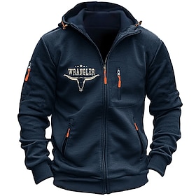 Wrangler Cowboy Jacket Mens Graphic Hoodie Letter Prints Fashion Daily Casual Outerwear Zip Vacation Going Streetwear Hoodies Dark Blue Gra