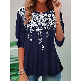 Women's T shirt Tee Floral White Yellow Pink Print Long Sleeve Daily Weekend Basic Round Neck Regular Fit Spring   Fall