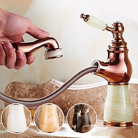 Traditionelle Badezimmerarmaturen mit ausziehbarem Waschbecken, kurz/hoch, Vintage-Messing-Wasserhähne, Keramik-Einhandgriff, mit Kalt- und Warmwasserschlauch