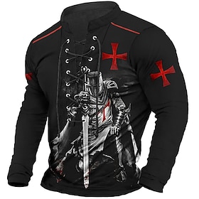 Knights Templar Graphic Prints Fashion Designer Casual Men's Henley Shirt Graphic Tee Outdoor Daily Wear Vacation T shirt Red Blue Dark Green Long Sleeve Henle