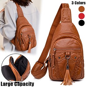Women's Crossbody Bag Shoulder Bag Chest Bag PU Leather Outdoor Daily Tassel Zipper Large Capacity Waterproof Lightweight Solid Color Wine Black Brown