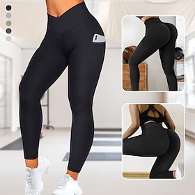 Women's Yoga Leggings Side Pockets Crossover Tummy Control Butt Lift High Waist Yoga Fitness Gym Workout Tights Black White Dark Black Spandex Sports Activewea