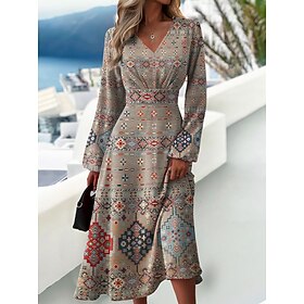 Women's Print Dress SpringDress Geometric Print V Neck Midi Dress Active Fashion Outdoor Daily Long Sleeve Regular Fit Blue Purple Khaki Spring Fall S M L XL