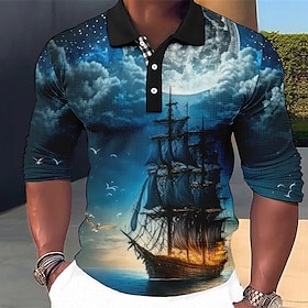 Men's Polo Shirt Golf Shirt Lightning Graphic Prints Vintage Pirate Sailboat Turndown Blue-Green Red Blue Purple Green Outdoor Street Long