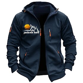 Ski Jackson Hole Mens Graphic Hoodie Prints Mountain Fashion Daily Casual Outerwear Zip Vacation Going Streetwear Hoodies Dark Blue Gray Lo