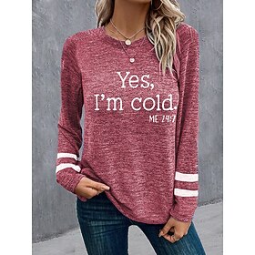 Women's T shirt Tee Letter Pink Blue Purple Print Long Sleeve Daily Weekend Daily Basic Round Neck Regular Fit Fall  Winter