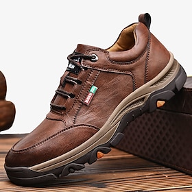 Men's Brown Faux Leather Casual Hiking Shoes with Rugged Sole and Lace-Up Design - Durable Outdoor Footwear for Hiking and Daily Wear