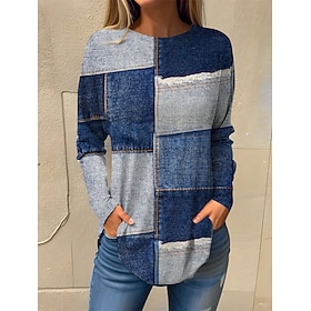 Women's T shirt Tee Geometric Blue Purple Khaki Print Long Sleeve Daily Weekend Daily Basic Round Neck Regular Fit Fall  Winter