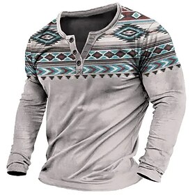 Men's Graphic Tribal Henley Shirt Long Sleeve 3D Print Fashion Designer Comfortable Daily Outdoor Spring Fall Navy Blue Brown Green Gray Henley Henley T-Shir