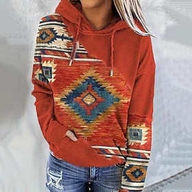 Women's Hoodie Sweatshirt Pullover Geometric Vintage Ethnic Vintage Ethnic Neon Bright Front Pocket Red Blue Green Street Casual Hoodie Long Sleeve Top Micro-