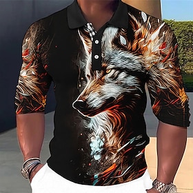 Animal Wolf Men's Abstract Print 3D Golf Polo Outdoor Casual Daily Streetwear Polyester Long Sleeve Turndown Polo Shirts Red Blue Fall  Win