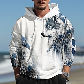 Wolf With Feathers Mens Graphic Hoodie Prints Daily Classic Casual 3D Pullover Holiday Going Out Streetwear Hoodies Blue Dark Green Long Sl
