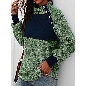 Women's Pullover Sweater Jumper Turtleneck Ribbed Knit Polyester Patchwork Button Hole Fall Winter Outdoor Daily Going out Stylish Casual Soft Long Sleeve Colo