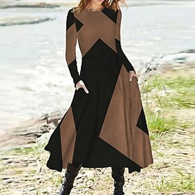 Women's Casual Dress Swing Dress Long Dress Maxi Dress Black Red Khaki Long Sleeve Geometric Pocket Spring Fall Winter Crew Neck Fashion Winter Dress Vacation