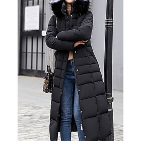 Women's Parka Long Puffer Jacket Windproof Thermal Warm Heated Coat with Pockets Belted Winter Coat with Fur Collar Hood Long Sleeve Full Zip Black White Red