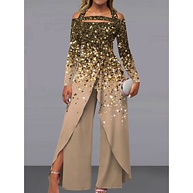 Women's Jumpsuit Print Gradient Off Shoulder Elegant Wedding Party Wide Leg Regular Fit Long Sleeve Silver Gold Light Blue S M L All Seasons
