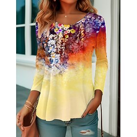 Women's T shirt Tee Floral Yellow Pink Blue Print Long Sleeve Holiday Weekend Daily Basic Round Neck Regular Fit Fall  Winter