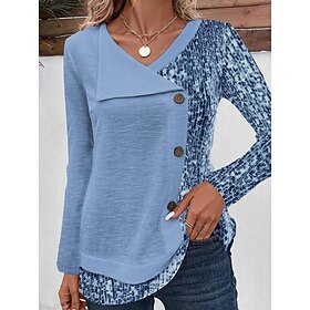Women's T shirt Tee Plain Blue Purple Orange Button Long Sleeve Daily Weekend Elegant Fashion Basic V Neck Regular Fit Fall  Winter