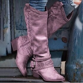 Women's Boots Cowboy Boots Plus Size Cowgirl Boots Outdoor Daily Solid Color Knee High Boots Winter Block Heel Low Heel Round Toe Vintage Casual Minimalism Fau