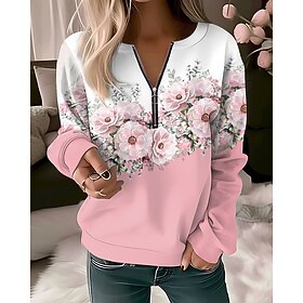 Women's Zip Up Sweatshirt Sweatshirt Pullover Floral Vintage Sports Basic Quarter Zip Denim Blue White Yellow Street Casual Half Zip Long Sleeve Top Micro-elas