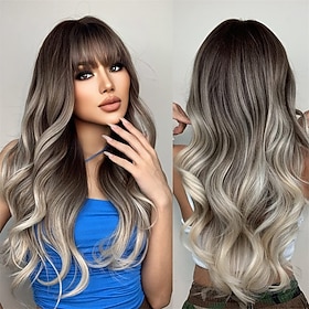Long Wavy Ombre Blonde Wigs for Women Ash Blonde Wig with Bangs Natural Synthetic Wig with Dark Root Blonde Hair Replacement Wigs for Cosplay Party Daily Use 2