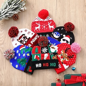 Christmas Hat Light Up Knitted Beanie Hat, Xmas Knit Cap with LED Lights Cute Cartoon Design, 3 Flash Modes, Soft Stretchy One-Size Fit, for Winter Xmas New Ye