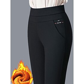 Women's Fleece Lined Leggings Warm Ankle-Length Pocket Print Micro-elastic High Waist Streetwear Simple Outdoor Vacation Black White Black M L Fall Winter