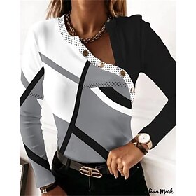 Women's T shirt Tee Geometric Gray Print Button Long Sleeve Daily Weekend Daily Basic V Neck Regular Fit Fall  Winter