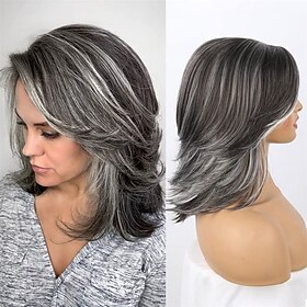 Dark Gray Ombre Layered Wigs with Curtain Bangs for Black Women,Synthetic Short Gray Highlight Wavy Layered Curly ,Black ang Grey Wavy Bob Wig for Daily Use