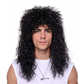 FantaLook Mens 80S Long Curly Black Rocker Costume Wig Halloween Wigs