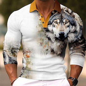 Animal Wolf Men's Casual Print 3D Polo Shirt Golf Polo Outdoor Casual Daily Streetwear Polyester Long Sleeve Lapel Polo Shirts Red Blue Fal