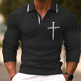 Graphic Prints Cross Men's Vintage Print 3D Polo Shirt Outdoor Casual Daily Streetwear Polyester Long Sleeve Lapel Polo Shirts Black Blue F