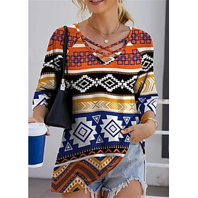 Women's T shirt Tee Geometric Red Print Long Sleeve Daily Weekend Basic V Neck Regular Fit Spring   Fall