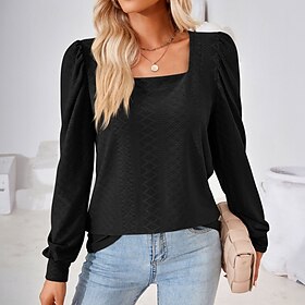 Women's T shirt Tee BurgundyTee Plain Black Pink Wine Long Sleeve Daily Weekend Daily Basic Square Neck Regular Fit Fall  Winter