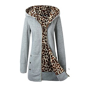 Women's Hooded Coat Leopard Print Hooded Zipper Fleece Lined Jacket Winter Coat Warm Windproof Coat with Pockets Comtemporary Casual Jacket Long SleeveBlack Ye