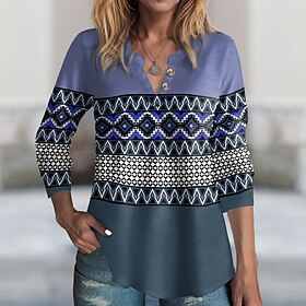 Women's T shirt Tee Striped Pink Blue Purple Print Button Long Sleeve Daily Weekend Basic V Neck Regular Fit Fall  Winter