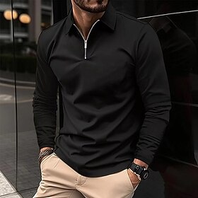 Men's Zip Polo Polo Shirt Outdoor Casual Lapel Quarter Zip Long Sleeve Fashion Basic Solid / Plain Color Quarter Zip Spring Fall Regular Fit Black White Wine