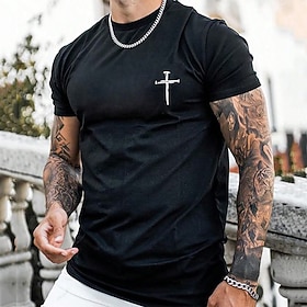 Heren Zwart Korte Mouw T-Shirt met Nagel Kruis Graphic - Christelijk Geloof Crew Neck T-Shirt